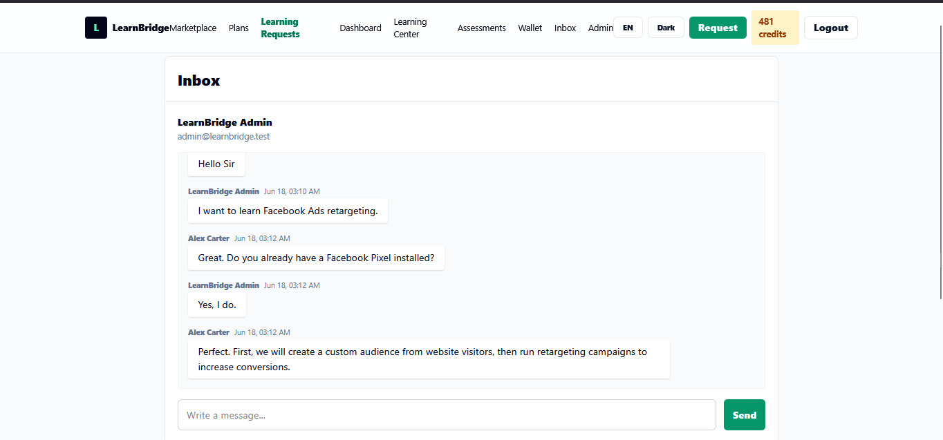 LearnBridge internal messaging system