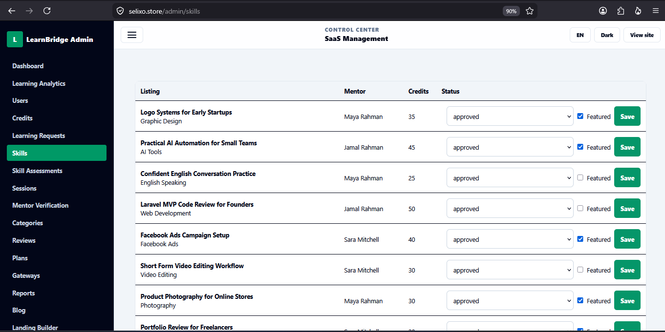 Skill listing dashboard